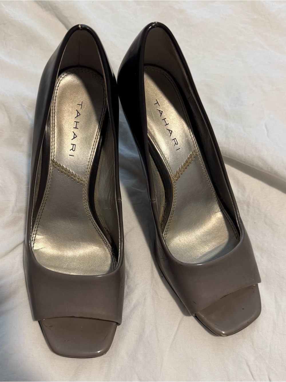 Tahari Gray Patent Peep-Toe Pumps